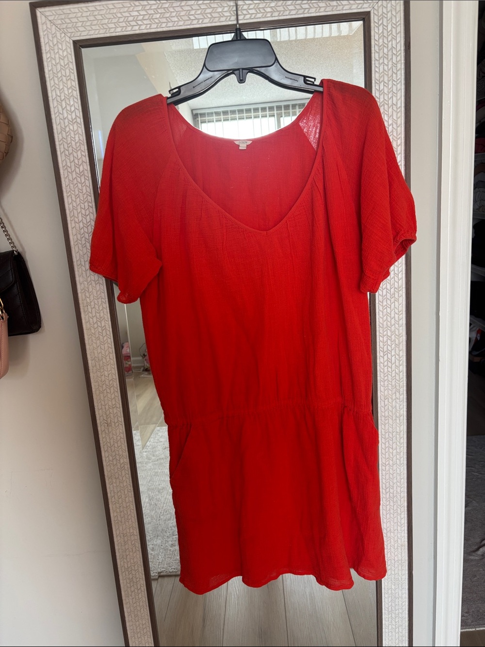 J. Crew Bright Red V-Neck Short-Sleeve Tunic with Waist Detail